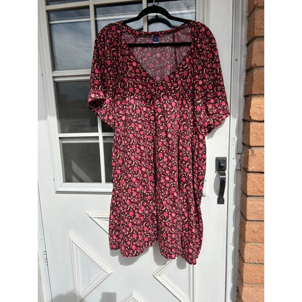 Old Navy Womens 2X Burgundy Floral V-Neck Tiered Swing Mini Dress Pockets Spring